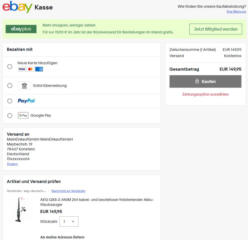 Bestellaufgabe bei eBay.de