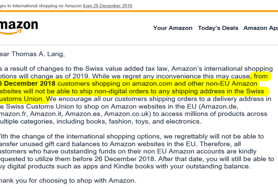 "Keine Lieferung mehr an Schweizer Adressen durch Amazon.com (USA)" - Carpathia.ch