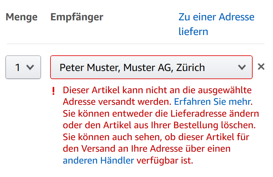 Lieferung Amazon Artikel in die Schweiz nicht möglich