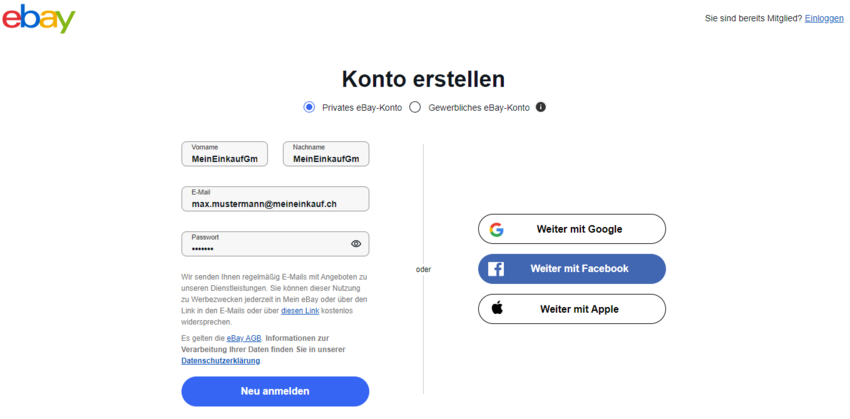 Anmelden bei eBay.de via MeinEinkauf.ch